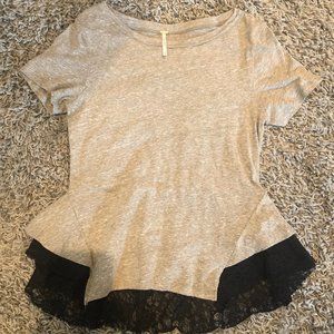 Free People Grey T-Shirt with Lace Detail